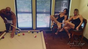 2 hotwives fuck bbc on a pool table
