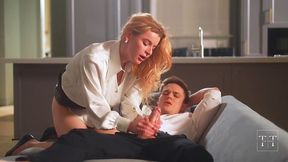 Blonde cutie gives a deepthroat blowjob and facials in the kitchen