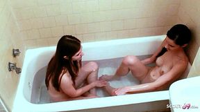 Skinny sister caught naked in bath and seduced into lesbian sex