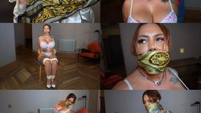 Keeping my kinky husband entertained with my silk scarf collection. Chair tied and gagged (wmv)