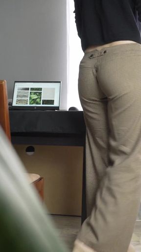 Peeking at Secretary Working in Ripped Pants
