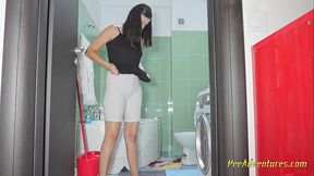 Smoking and wetting my jeans in the kitchen - Pee accident while cleaning the house - Wet her shorts on a coffee table