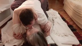 Grey hair MILF Gazz & Lex engage in steamy foreplay on the floor
