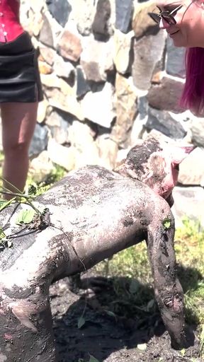 Piggy Humiliation in Mud, Playing with Nettles and Licking Our Feet Nice and Clean