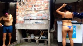 Horny neighbor enters my humble bathroom - fucking my neighbor, squirts, cums