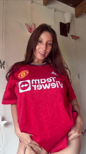 Man wearing red soccer jersey