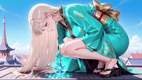 Blonde in a Green Kimono! Lazy Terrace Reading, off-shoulder Design Is Too Sinful!