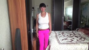 Kate sexy walking in yoga pants high heels and short white top