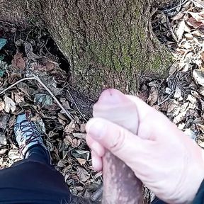 Big uncut cock cumming in the woods