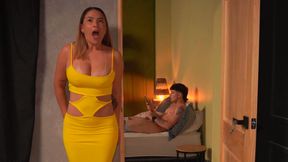 Stepson masturbates thinking he's home alone, and his busty stepmom watches him with desire