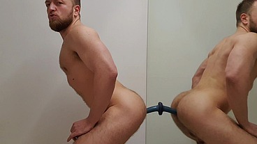 Solo play with a dildo on a mirror