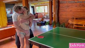 Cute step-sis loses ping pong game, gets fucked on table
