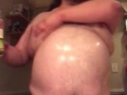 380 lb gainer oiling up belly, talking about night shakes and recent gains