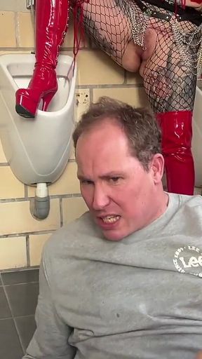Latex Hobby Slut Fucks Stranger in the Men's Restroom!