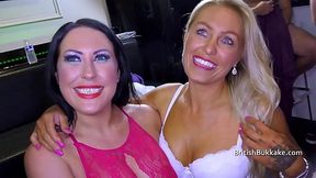 Double British MILFs get soaked in interracial bukkake