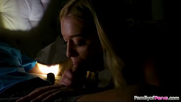 Stepdaughter takes a sloppy big cock blowjob from her stepdad.