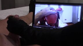 Handjob in gloves, while i'm watching one of my wife vids, with cumshot