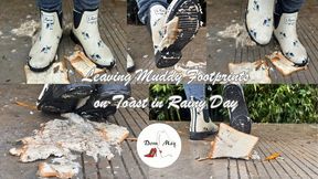 Trampling & Leaving Muddy Footprints on Slices of Toast Bread in Rainy Day