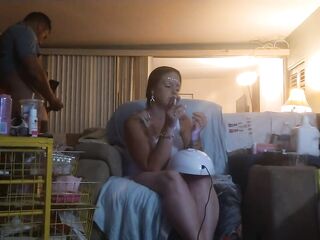 Roommate masturbating to glamorous angel in minidress painting her nails and watching tv