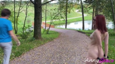 Naked Girl BDSM Walk down the Street with Nipple Clamps and Handcuffs in the Park