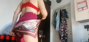 Amateur wife has fun trying on clothes and cutting them. Amateur wife vacuuming naked in the house.