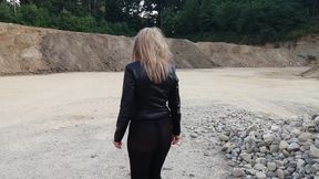 Grandma Is Walking Around a Gravel Pit in Tight Leggings and High Heels!