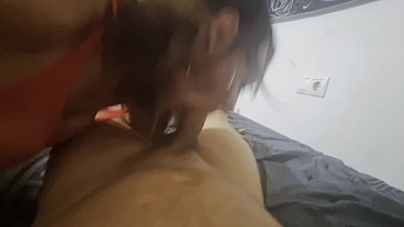 Skinny shemale with nice tits sucks cock