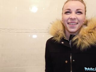 Public Agent Multiple orgasms as tight pussy stretched in public toilet