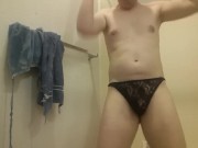 smooth twink-like bisexual gay man dances shakes hips in lace panties