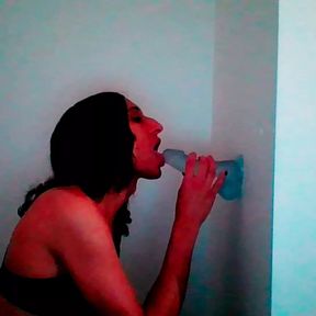 Petite Tgirl Sucks Wall Mount Dildo Lovingly #2