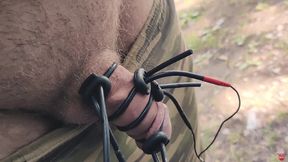 Electro device fucked my cock. Much sperm in outdoors