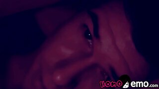Emo teenager sucks on lollipop and hard jock dick on top of it