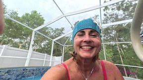Carissa In A Swim Cap, Vintage Red One -Piece, and Strip Down