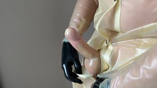 Latex gloves and coat cumshot