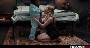 Brunette Shemale Pounds Petite Blonde Until She Chokes on Cum