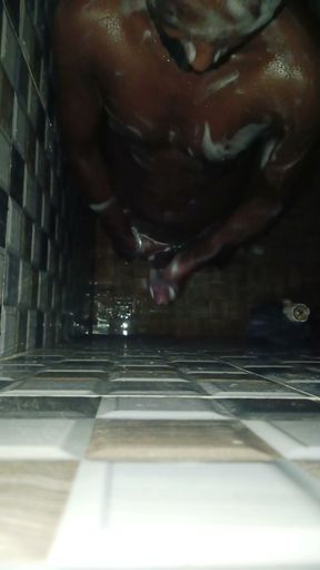 Hot Indian man bathing and playing and cleaning his big cock