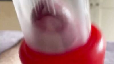 Long milking machine blowjob with a lot of cum