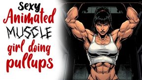 Sexy muscle bound animated gym babe does pull ups for you to watch her strong pumped up arms and armpits