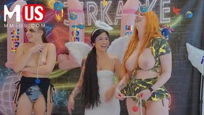 Lesbian pornstars Lauren Phillips and Gia Derza go hardcore in a game show setting