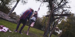 Outdoor Bondage Shibari Suspension - Tattoo skinny Girl in ropes on a tree