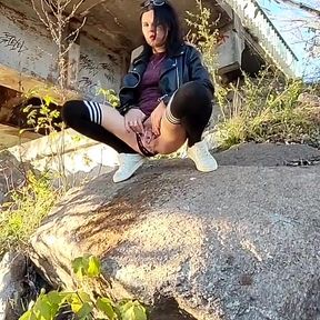 Pissing Slut in Stockings - Gushing on a Rock Under the Bridge