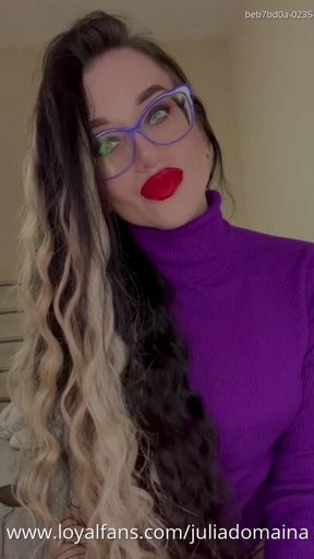 Playing with dildo in black fishnets pantyhose, lingerie and glasses on me