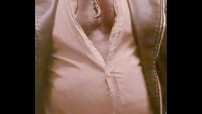 Masked Leather Attired Nipple Play Bloated Belly Smoke