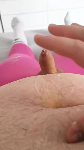 Fat man masturbates in pink Nike Pro leggings.