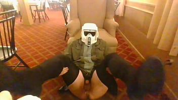 Crossdresser with stormtrooper mask jerking cock