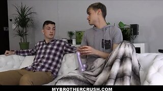 Stepbrothers taboo threesome: anal play and bareback fun with gay twinks and dildos