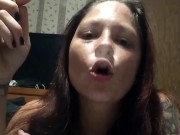 Hot babe smoking and sucking on these perfect big tits making my pussy wet for you