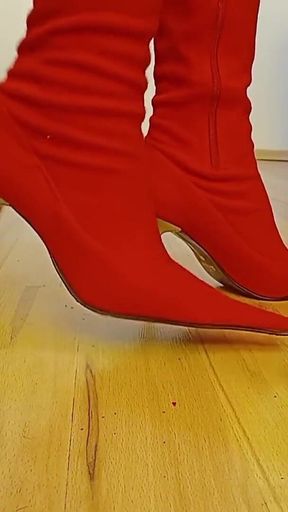 Crossdresser Walks in Sexy Red Suede Pointed Toe High Heels Boots