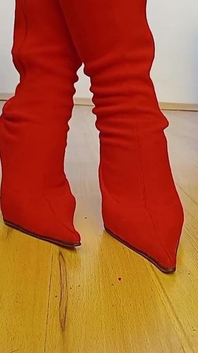 Crossdresser Walks in Sexy Red Suede Pointed Toe High Heels Boots