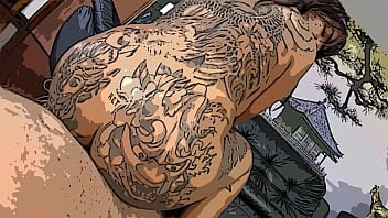 Double penetration doggy style with Luizza Saito's inked booty